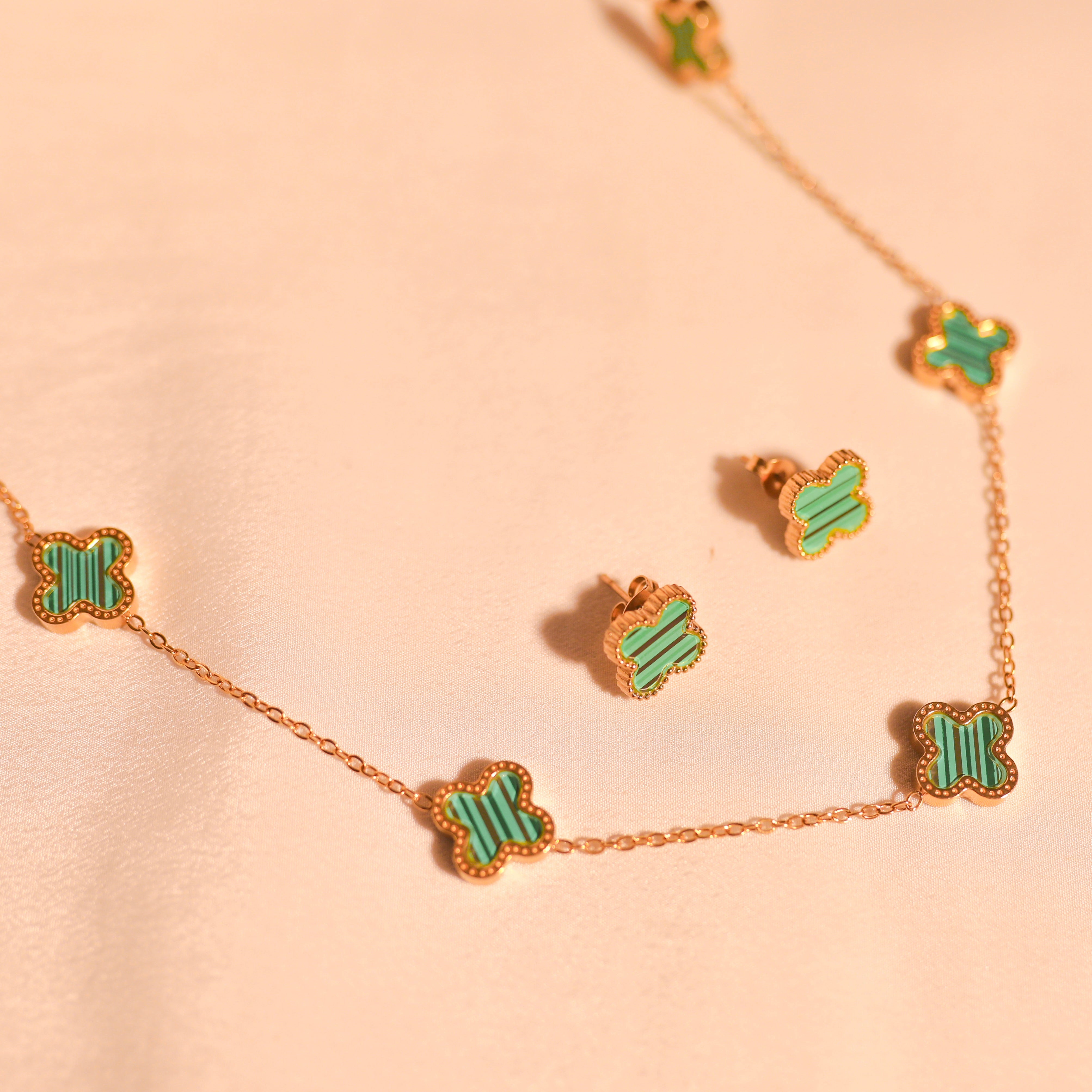 Anti-Tarnish Green Floral Chain and Earrings Set.